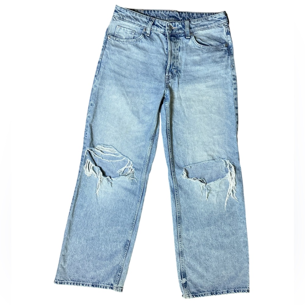 H&M &Denim Light Wash Baggy Wide Leg Jeans Distressed Straight Leg Size 4